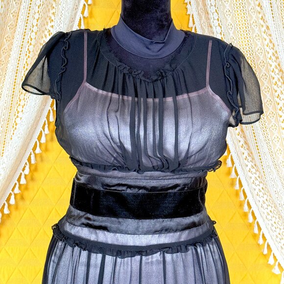 Vintage Y2K Dark Coquette 100% Silk Sheer Black & Pink Milkmaid Dress Size M - Picture 7 of 17